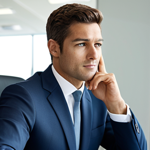 Home 15 A professional candidate, fully clothed in a modest business suit, sits thoughtfully at a modern desk in a well-lit corporate interview room. The candidate maintains a natural pose and an intelligent, calm expression, conveying confidence and problem-solving ability. The background features a subtly blurred modern office environment. This image is safe for work, appropriate content, fully clothed, and family-friendly. Perfect anatomy, correct proportions, well-formed hands, proper finger count, natural body proportions, professional photography, high quality, realistic.