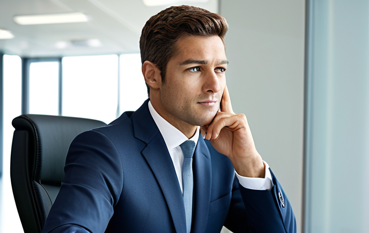 A professional candidate, fully clothed in a modest business suit, sits thoughtfully at a modern desk in a well-lit corporate interview room. The candidate maintains a natural pose and an intelligent, calm expression, conveying confidence and problem-solving ability. The background features a subtly blurred modern office environment. This image is safe for work, appropriate content, fully clothed, and family-friendly. Perfect anatomy, correct proportions, well-formed hands, proper finger count, natural body proportions, professional photography, high quality, realistic.