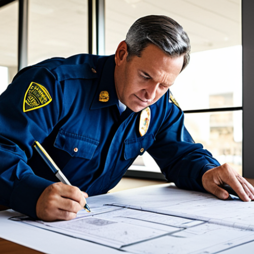 Home 14 **
A diligent fire safety manager, fully clothed in appropriate attire, reviewing a building's fire safety plan with architectural blueprints spread across a desk, highlighting escape routes. The setting is a well-lit office. Perfect anatomy, correct proportions, professional, appropriate content, safe for work, modest clothing.
**