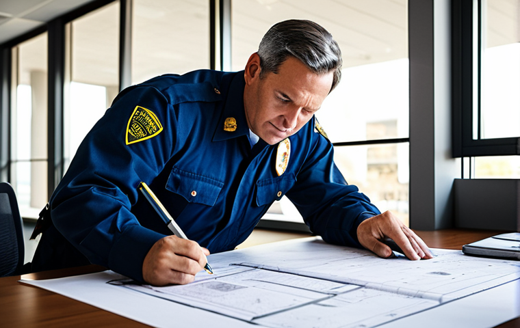 **
A diligent fire safety manager, fully clothed in appropriate attire, reviewing a building's fire safety plan with architectural blueprints spread across a desk, highlighting escape routes. The setting is a well-lit office. Perfect anatomy, correct proportions, professional, appropriate content, safe for work, modest clothing.
**