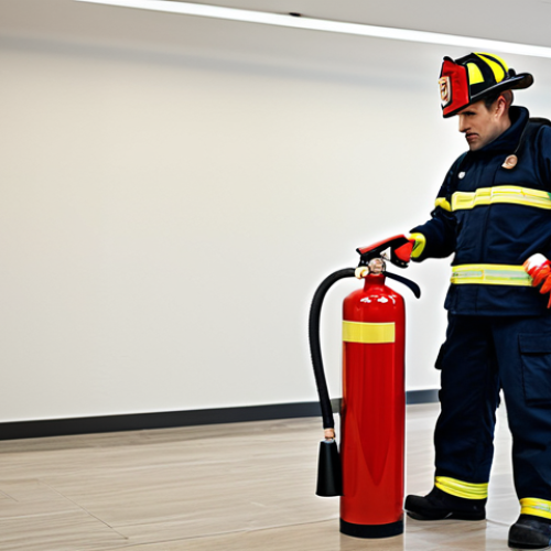 Home 7 **
"A professional firefighter, fully clothed in appropriate gear, demonstrating the proper use of a fire extinguisher during a safety training session, indoor setting, office building background, safe for work, appropriate content, modest, family-friendly, perfect anatomy, correct proportions, natural pose, well-formed hands, proper finger count, natural body proportions, professional training environment."
**